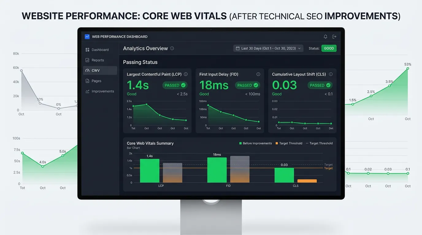 Core Web Vitals dashboard showing LCP FID and CLS scores with green passing status after technical SEO improvements