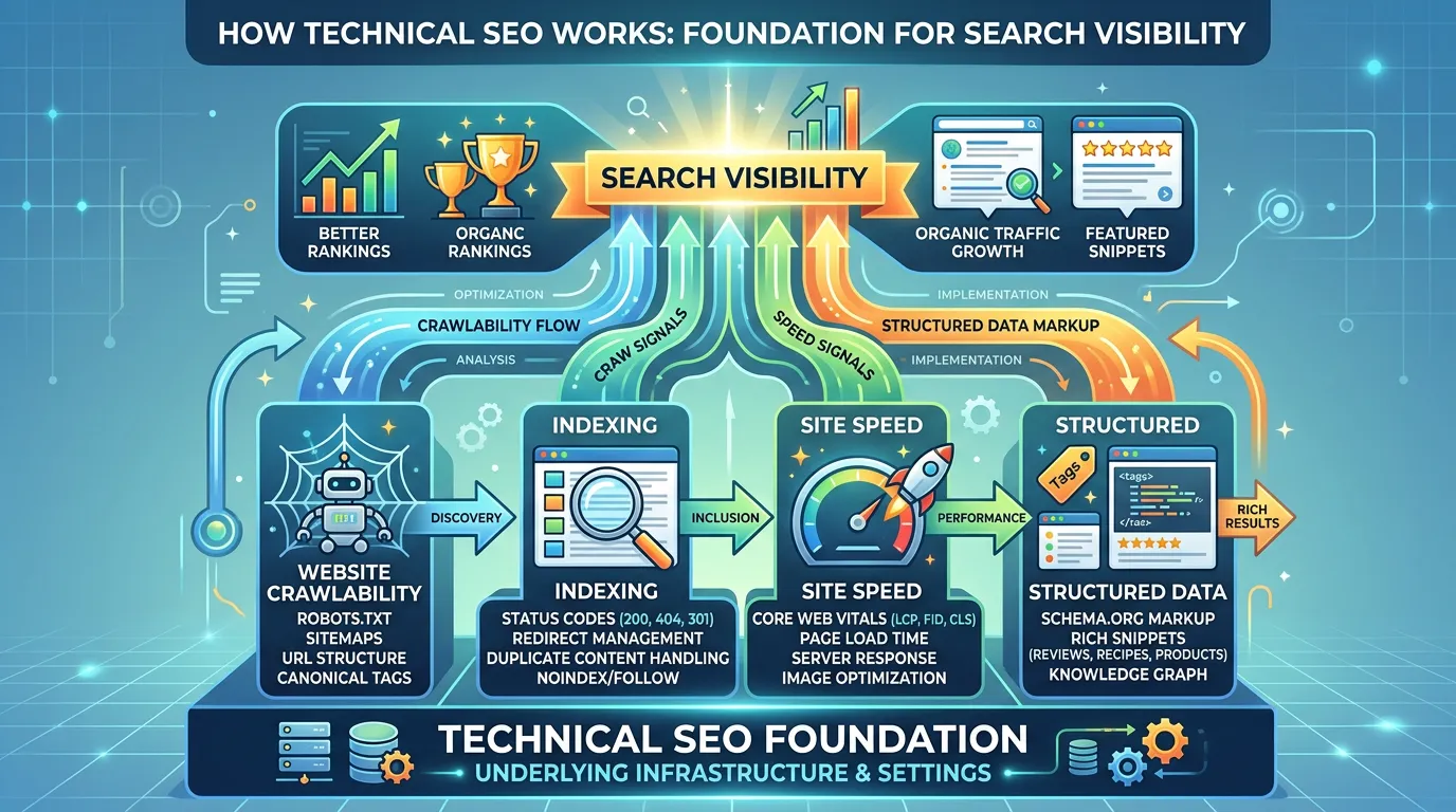 How technical SEO works showing crawlability indexing speed and structured data contributing to search visibility