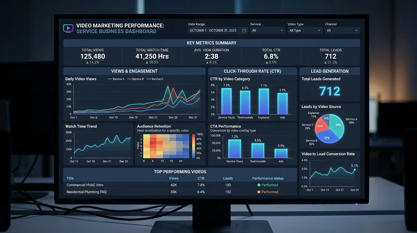 Video analytics dashboard showing views watch time click-through rate and lead generation from marketing videos