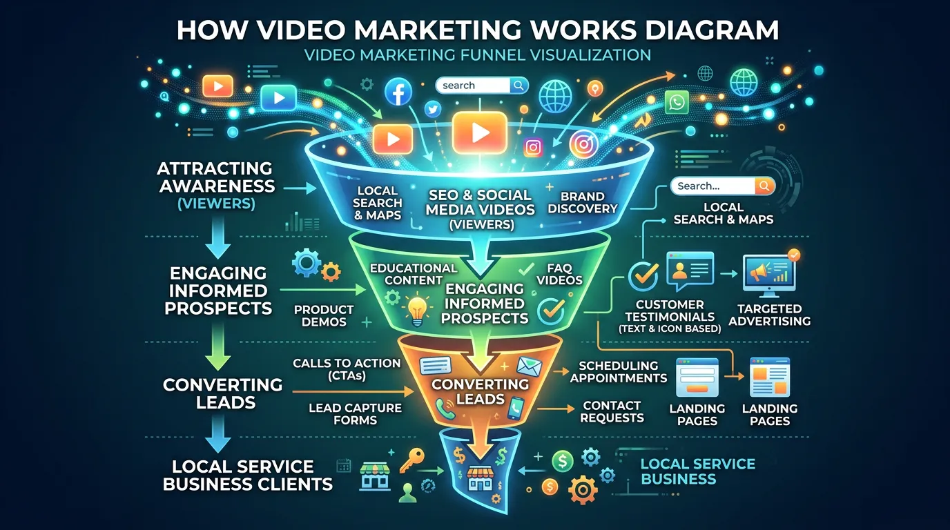 How video marketing works showing video content attracting awareness viewers converting into leads for service business