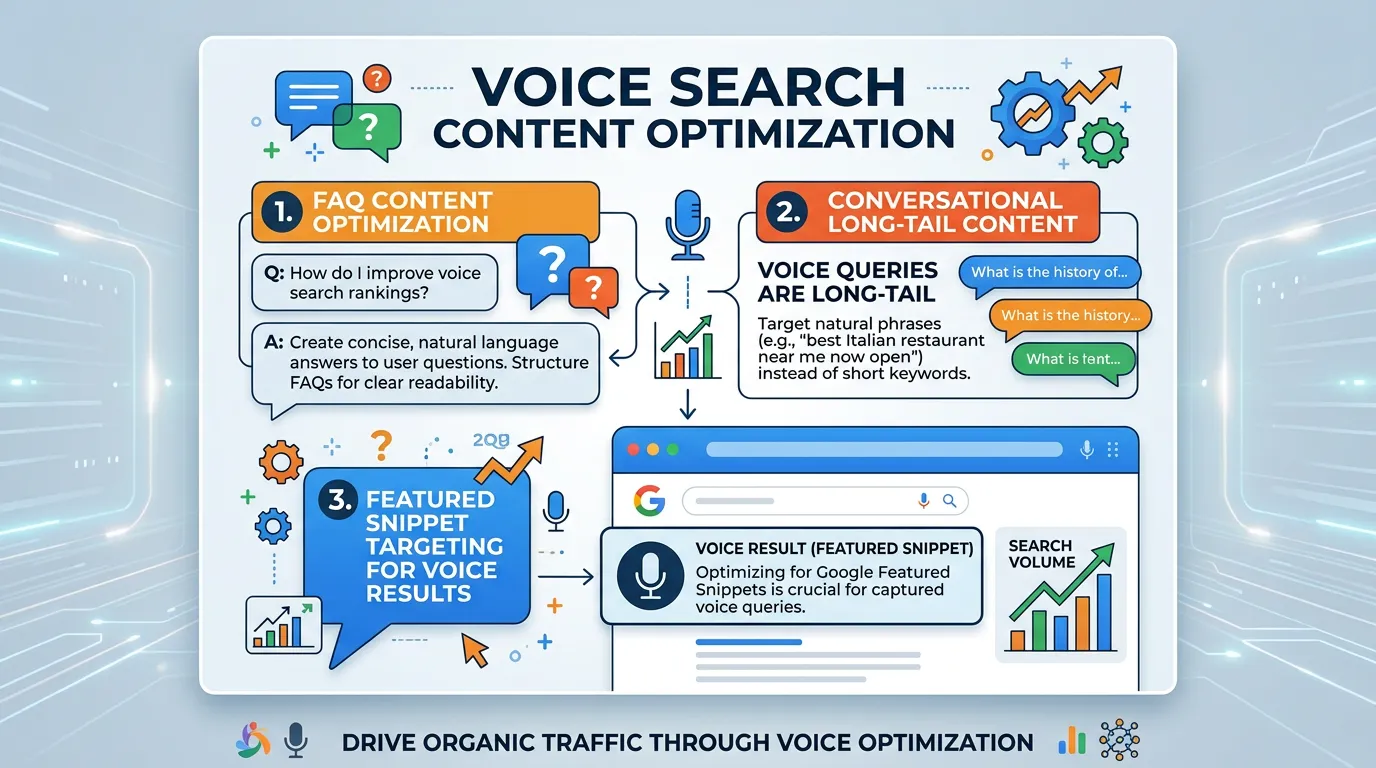 Voice search content optimization showing FAQ and conversational content optimized for voice search queries