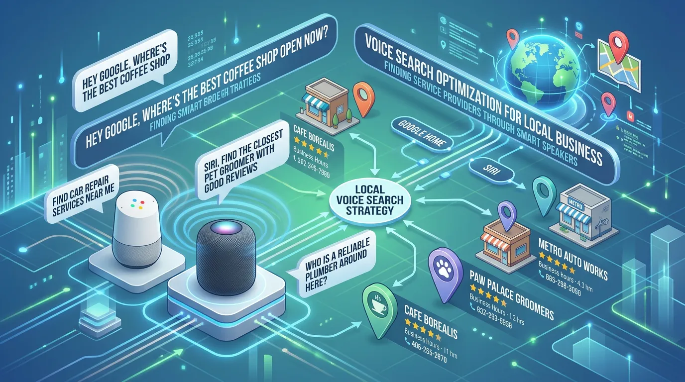 Voice search optimization showing conversational queries finding local service providers through Google Home and Siri