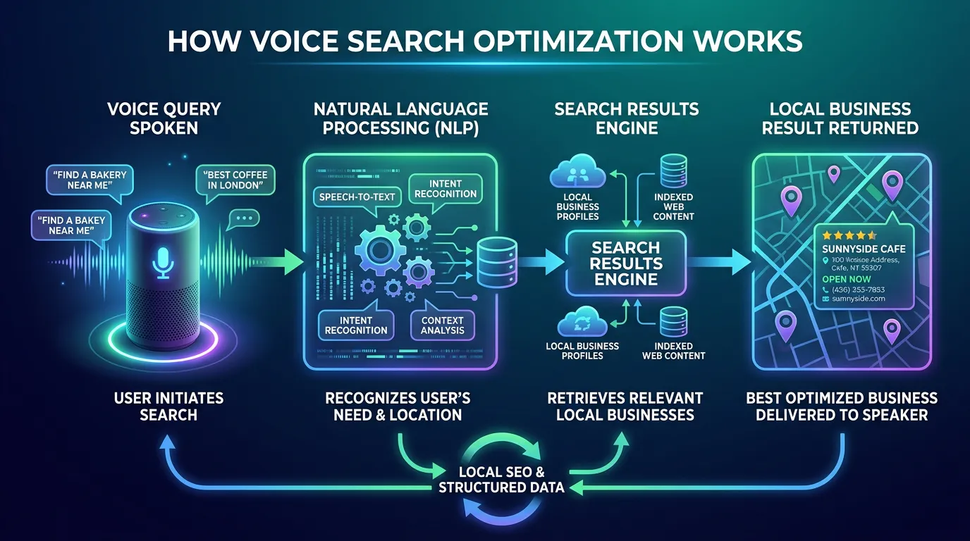 How voice search optimization works showing voice query being processed through NLP to return local business result