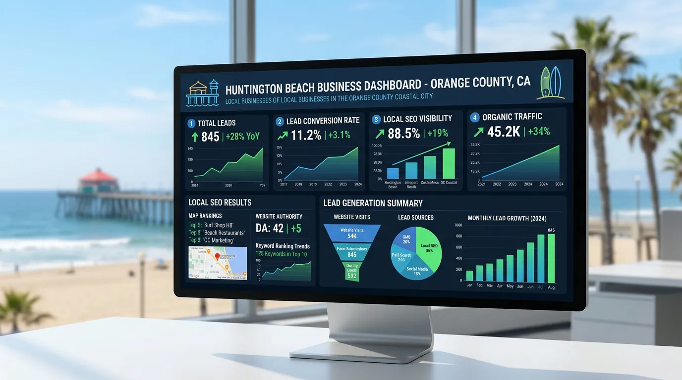 Huntington Beach CA business digital marketing dashboard showing lead growth for Orange County coastal city