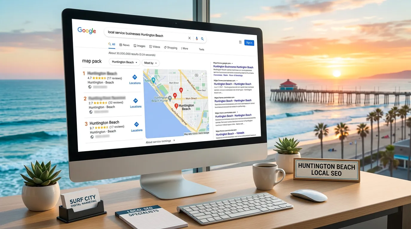 Huntington Beach CA local SEO showing Google search map pack for service businesses in Huntington Beach California