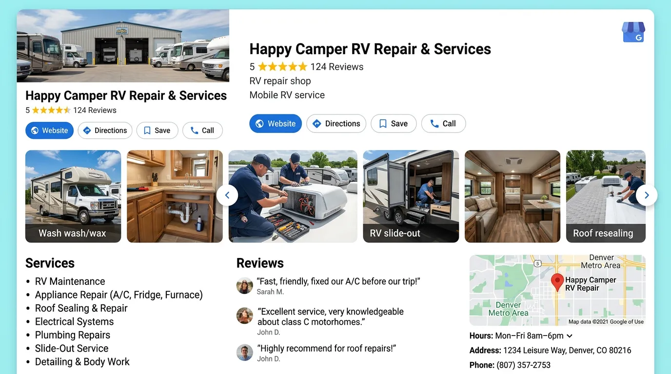 RV repair shop GBP fully optimized with service photos reviews and services listed attracting RV owners searching locally