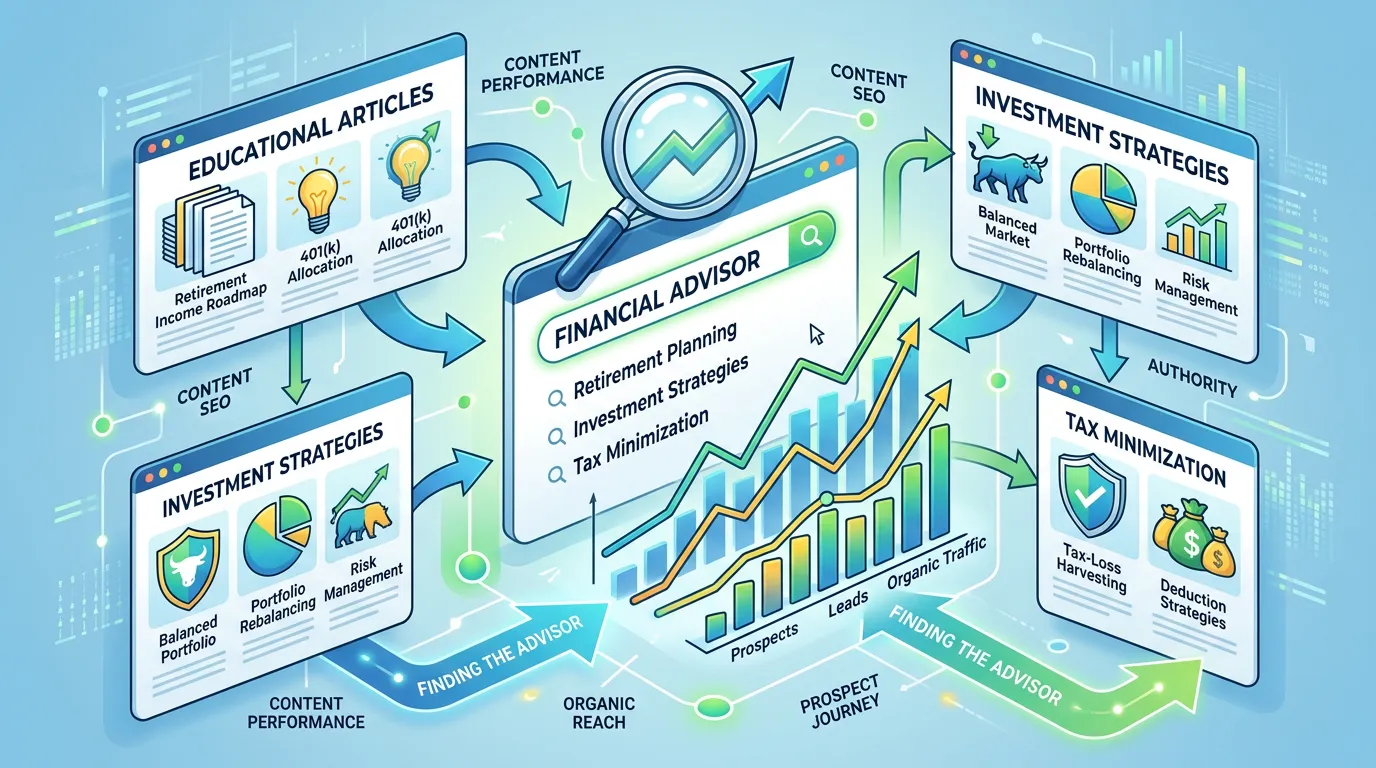 Financial advisor content marketing showing educational articles about retirement planning helping prospects find through organic search