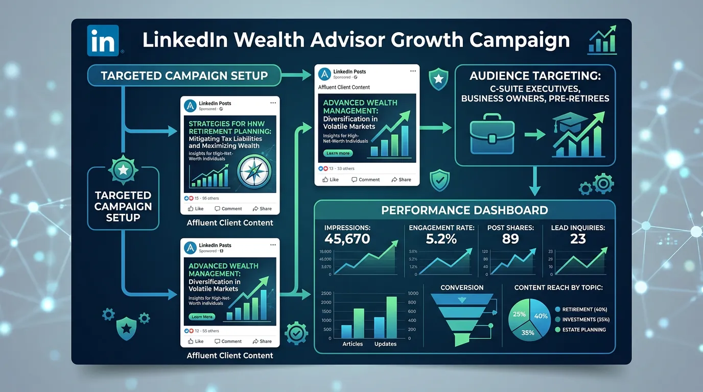Financial advisor LinkedIn marketing showing professional content reaching affluent prospects through targeted LinkedIn campaigns