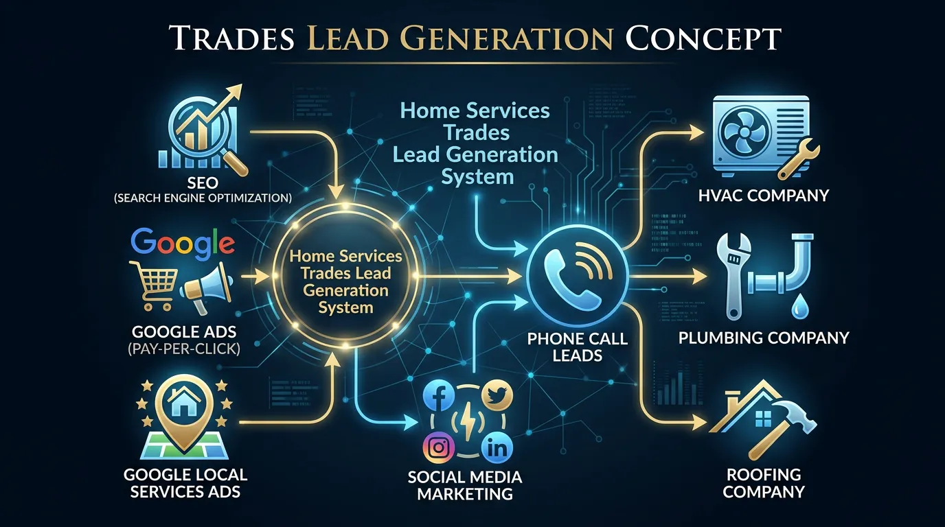 Home services trades lead generation showing SEO Google Ads Local Services Ads and social driving calls to trade contractors