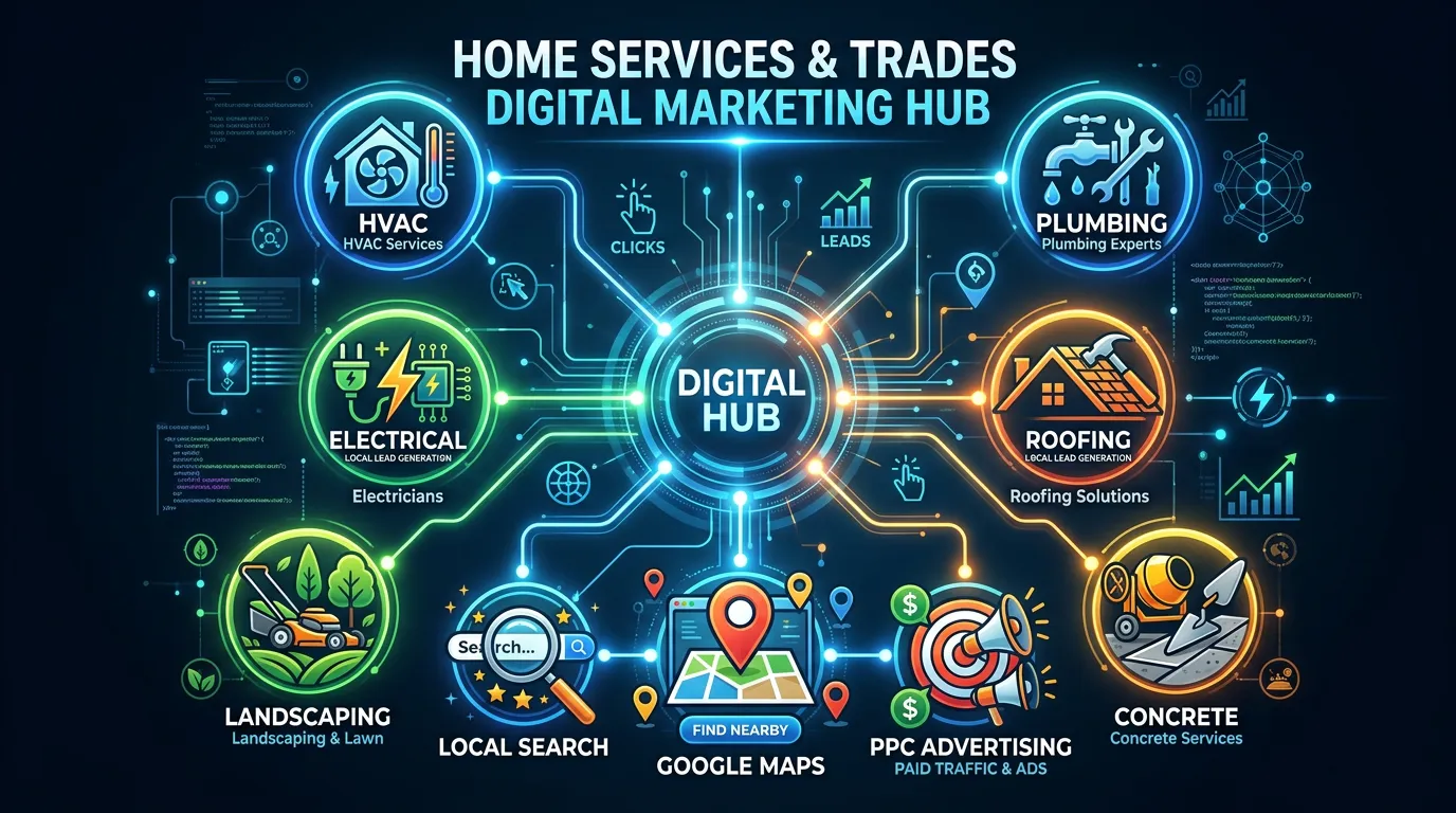 Home services and trades marketing hub showing HVAC plumbing electrical roofing landscaping connected to local search and PPC