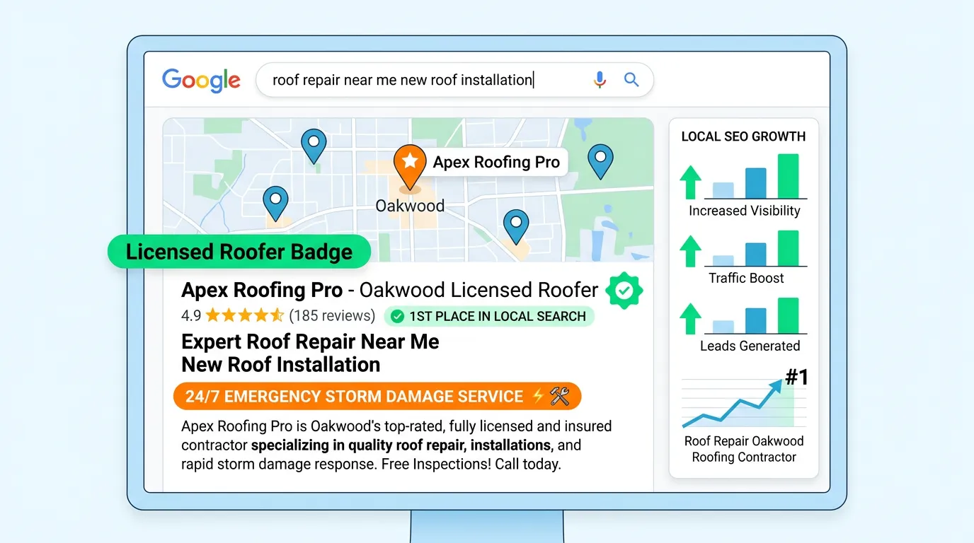 Roofing contractor ranked for roof repair near me new roof installation with licensed roofer badge and emergency storm service