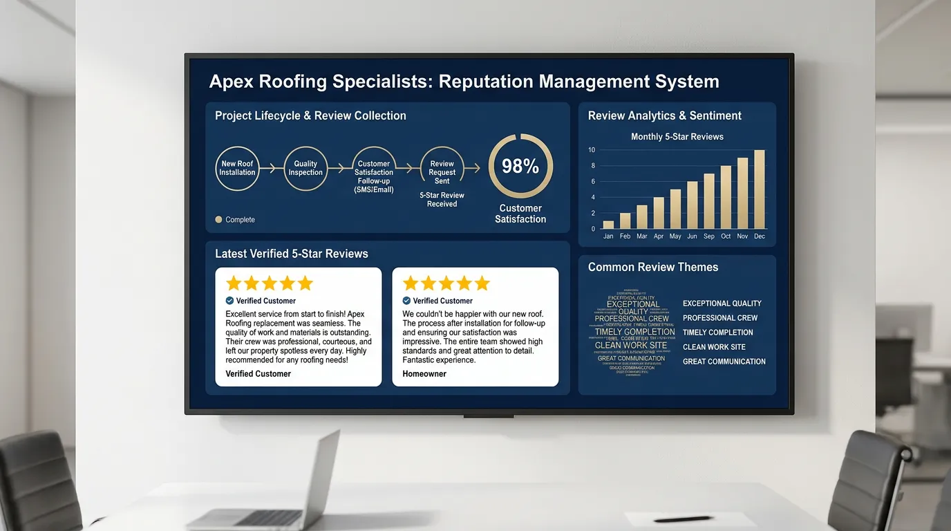 Roofing contractor review system collecting 5 star reviews about quality and professionalism after roof replacement
