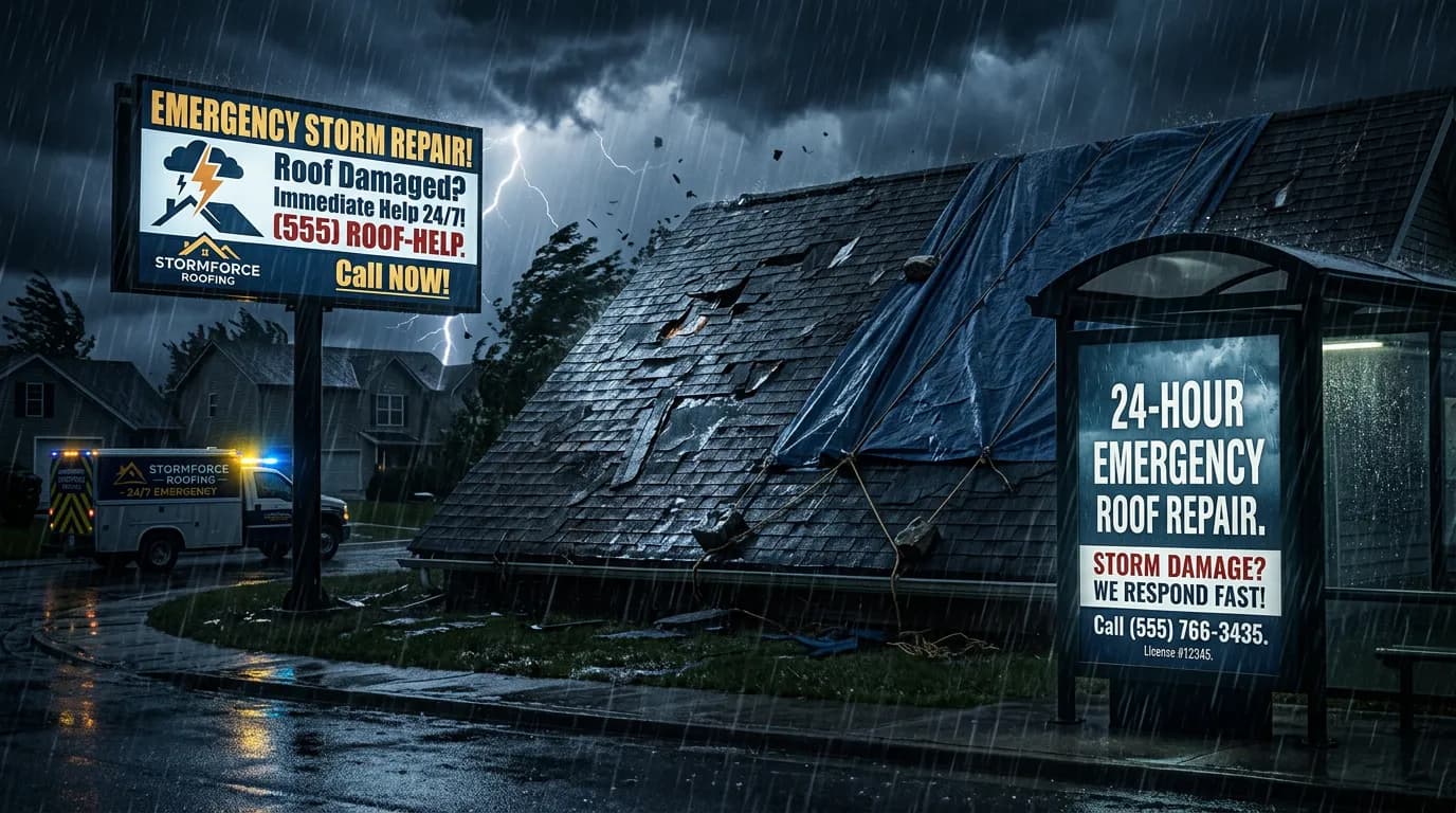 Roofing company storm damage marketing showing emergency roof repair ads triggered by storm events driving urgent inquiries