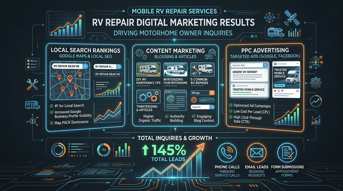 RV repair digital marketing showing local search rankings content and PPC driving motorhome owner inquiries