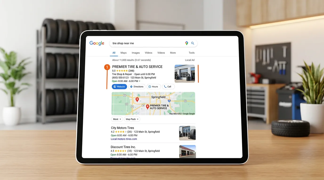 Tire shop Google search result for tire shop near me with shop ranked in top position with star rating and service hours