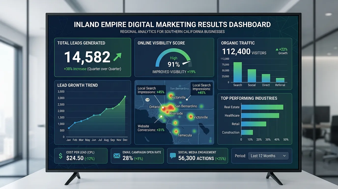 Inland Empire digital marketing results dashboard showing lead growth across the regional service area