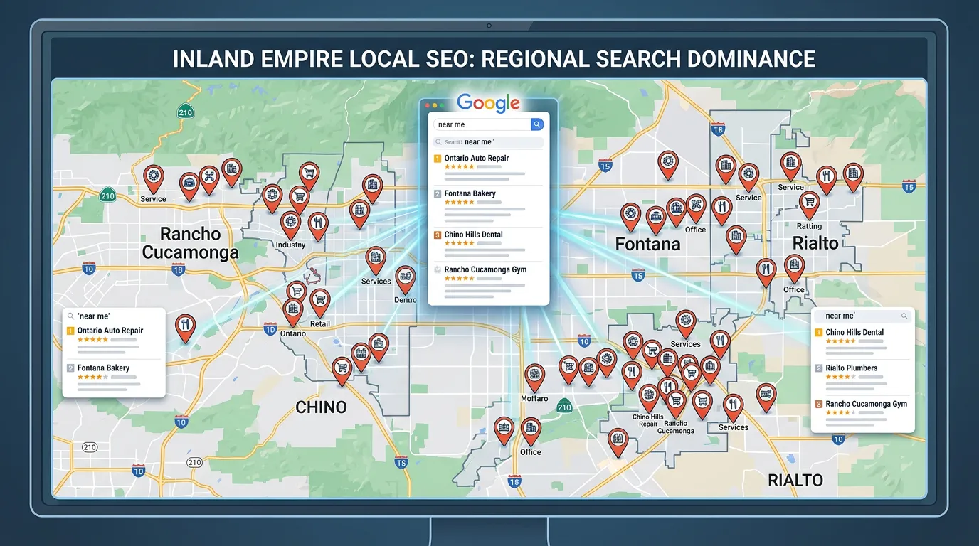 Inland Empire local SEO map showing businesses in Rancho Cucamonga Chino Ontario Fontana ranking in Google