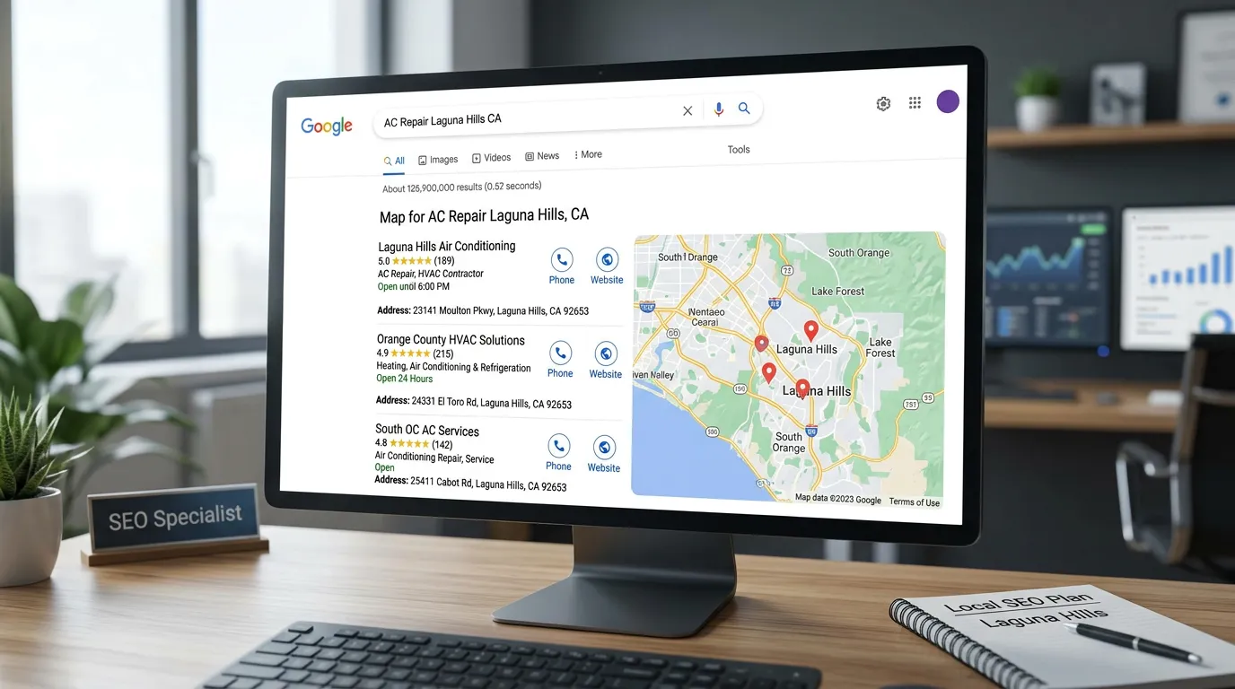 Laguna Hills CA local SEO showing Google search map pack for service businesses in Laguna Hills California