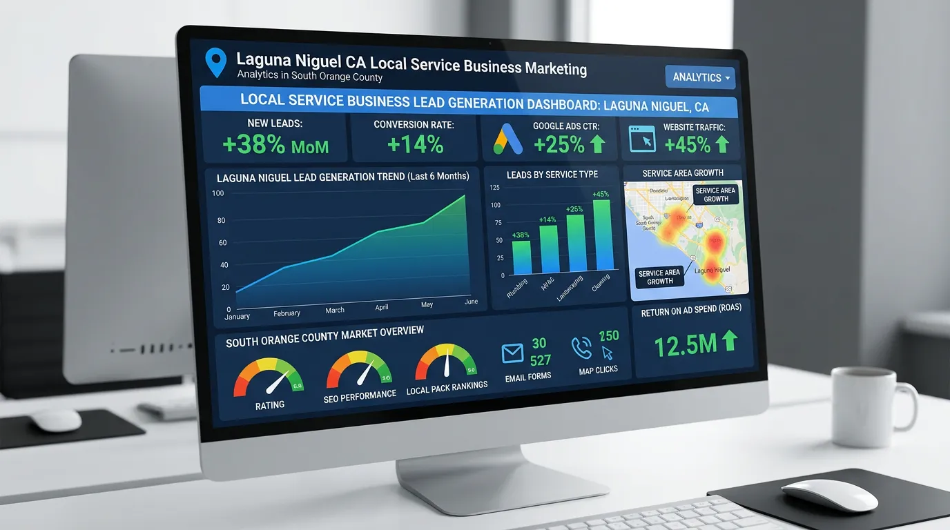 Laguna Niguel CA business digital marketing dashboard showing lead growth for South Orange County businesses