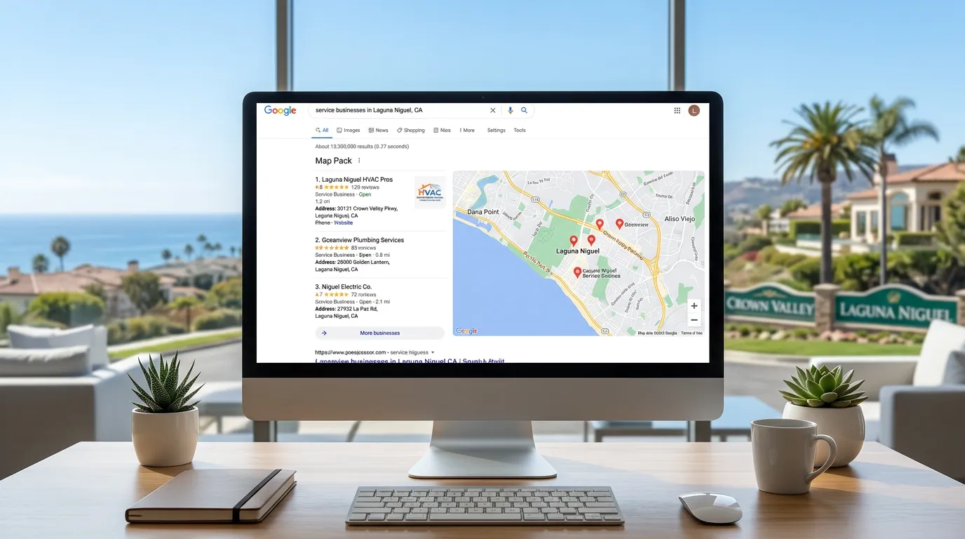 Laguna Niguel CA local SEO showing Google search map pack for service businesses in Laguna Niguel California