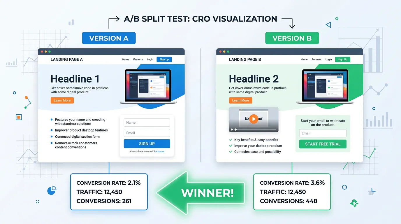A-B split test showing two landing page variations with conversion rates and winning version highlighted