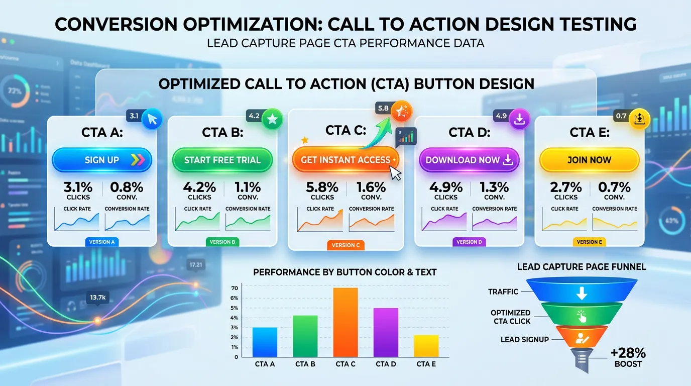Call to action button design variations with click rate testing data for lead capture optimization