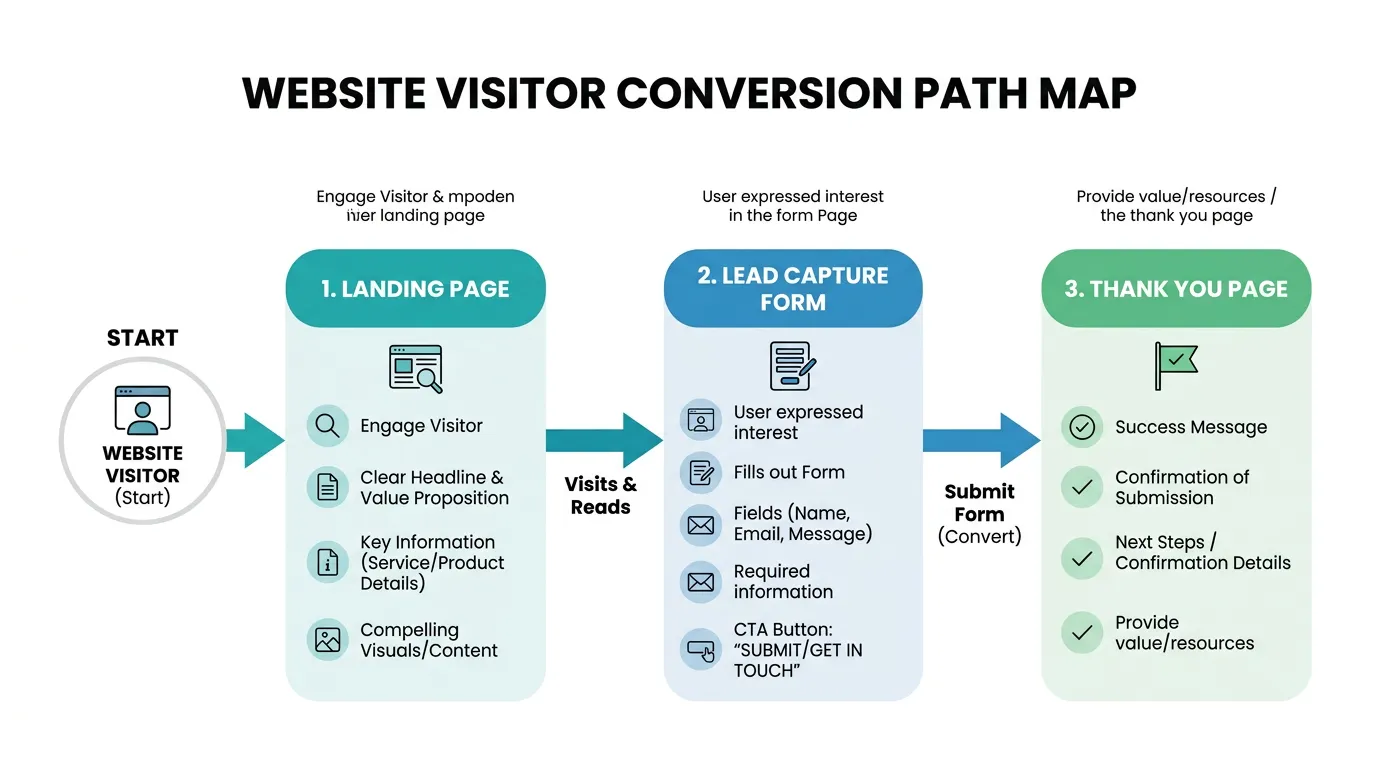 Conversion path map showing website visitor journey from landing page to form fill and thank you page