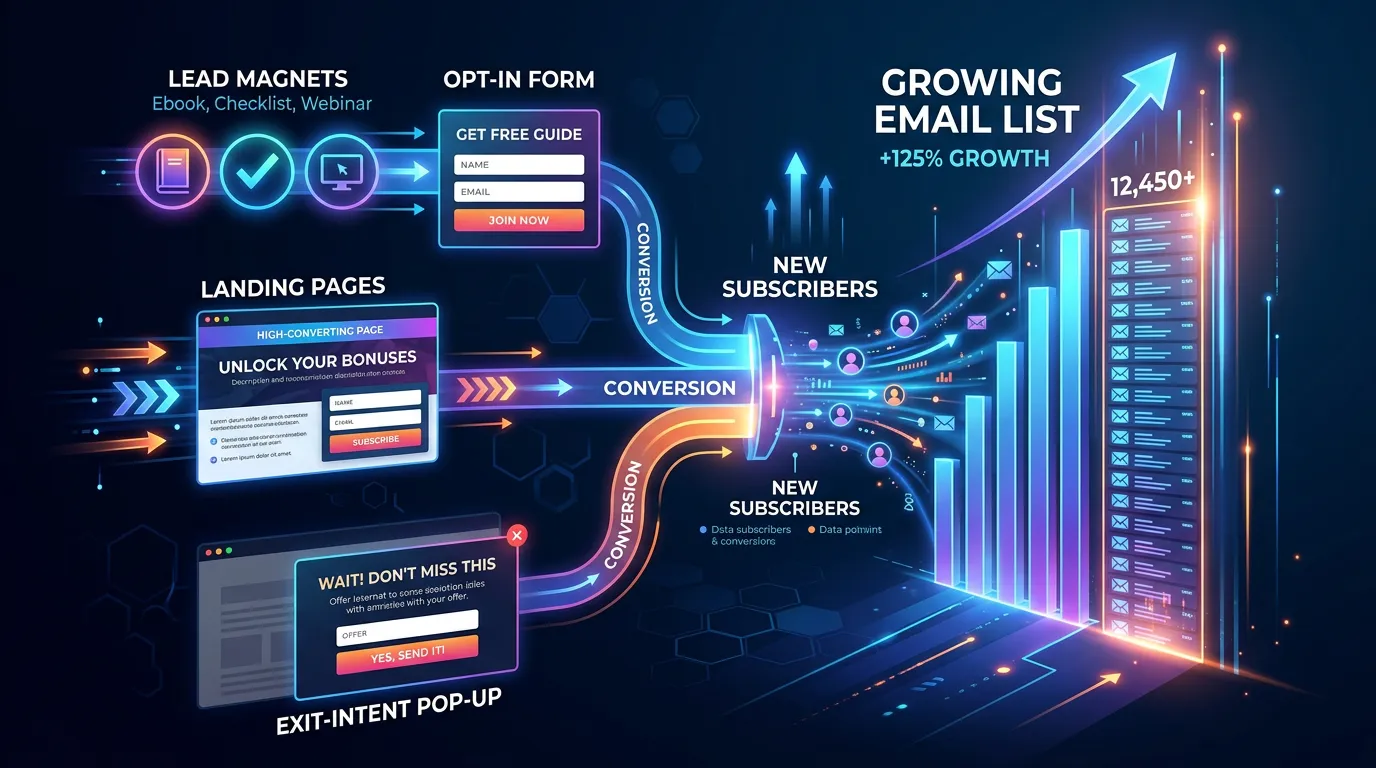 Email list growth funnel showing lead magnets opt-in forms and landing pages building subscriber base