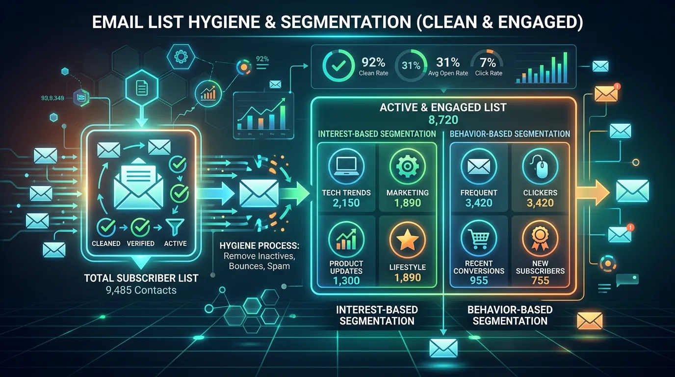 Email list hygiene and segmentation showing clean healthy subscriber list management