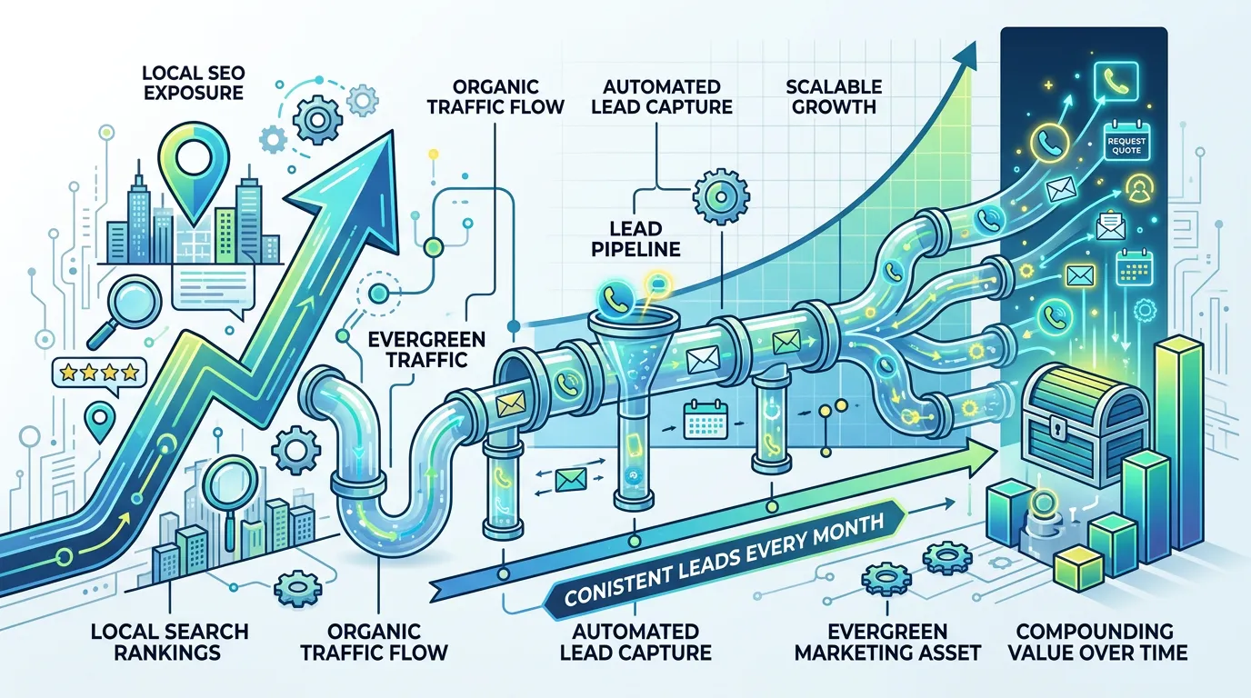 SEO lead pipeline showing local search ranking producing consistent leads every month with compounding value over time