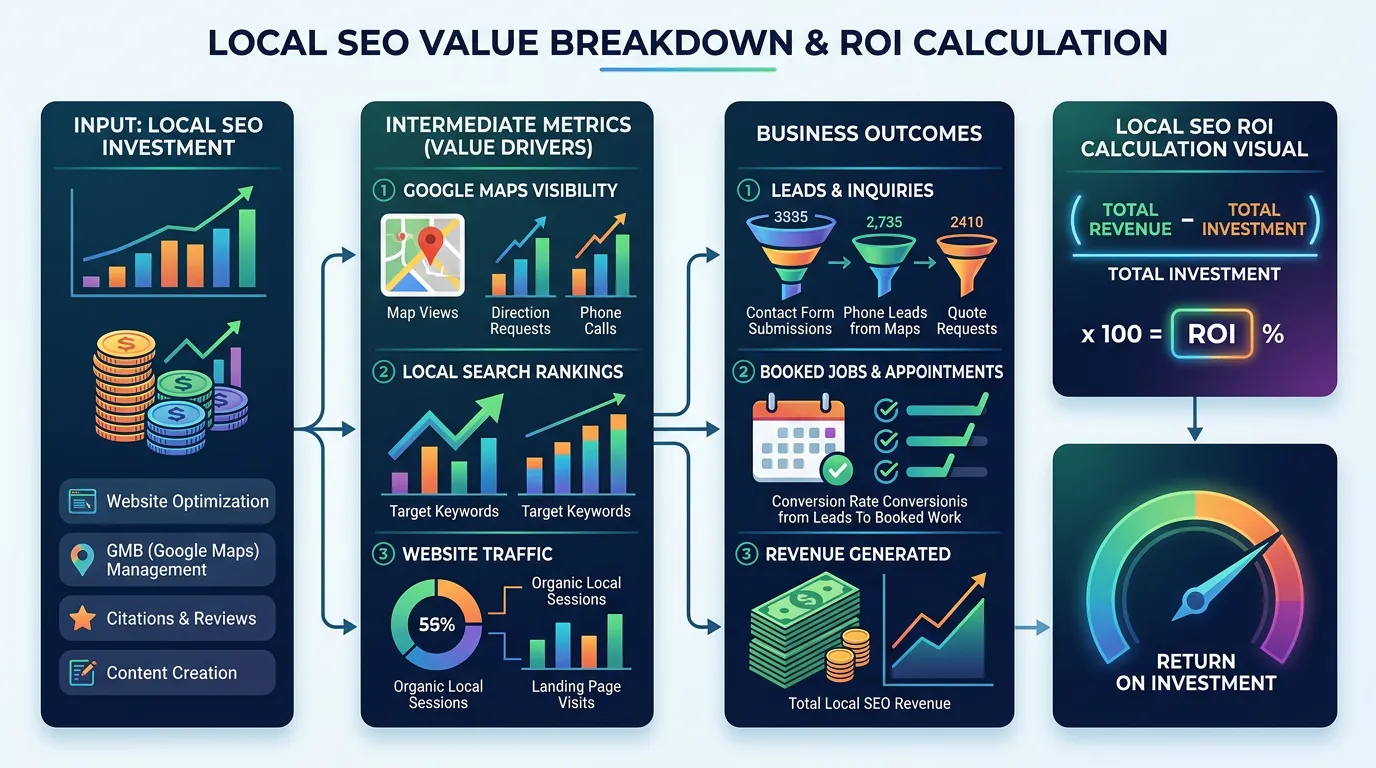 Local SEO value showing website traffic from Google Maps leads booked jobs and revenue from local search ranking