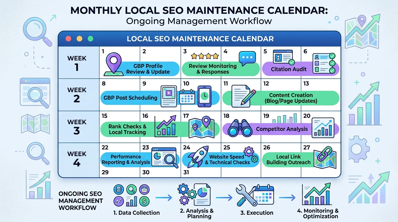 Monthly local SEO maintenance calendar showing review monitoring citation audits GBP post scheduling and rank checks