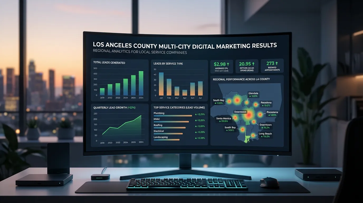 Los Angeles County multi-city digital marketing results dashboard showing lead growth for LA County businesses