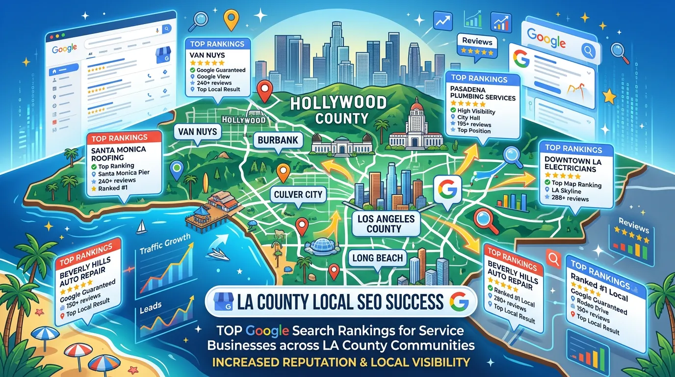 Los Angeles County local SEO and Google Business Profile showing top search rankings for businesses across LA County