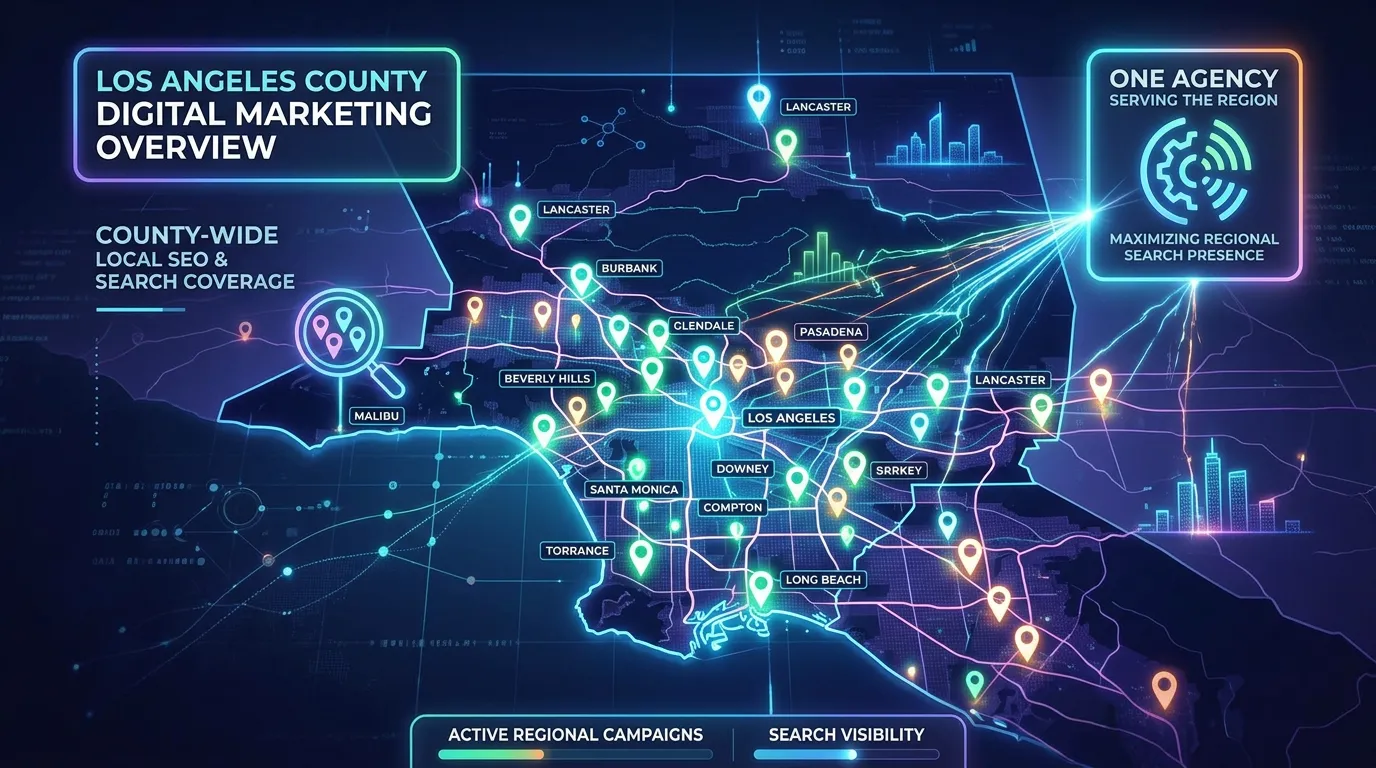 Los Angeles County digital marketing overview showing Google search coverage across multiple LA County cities