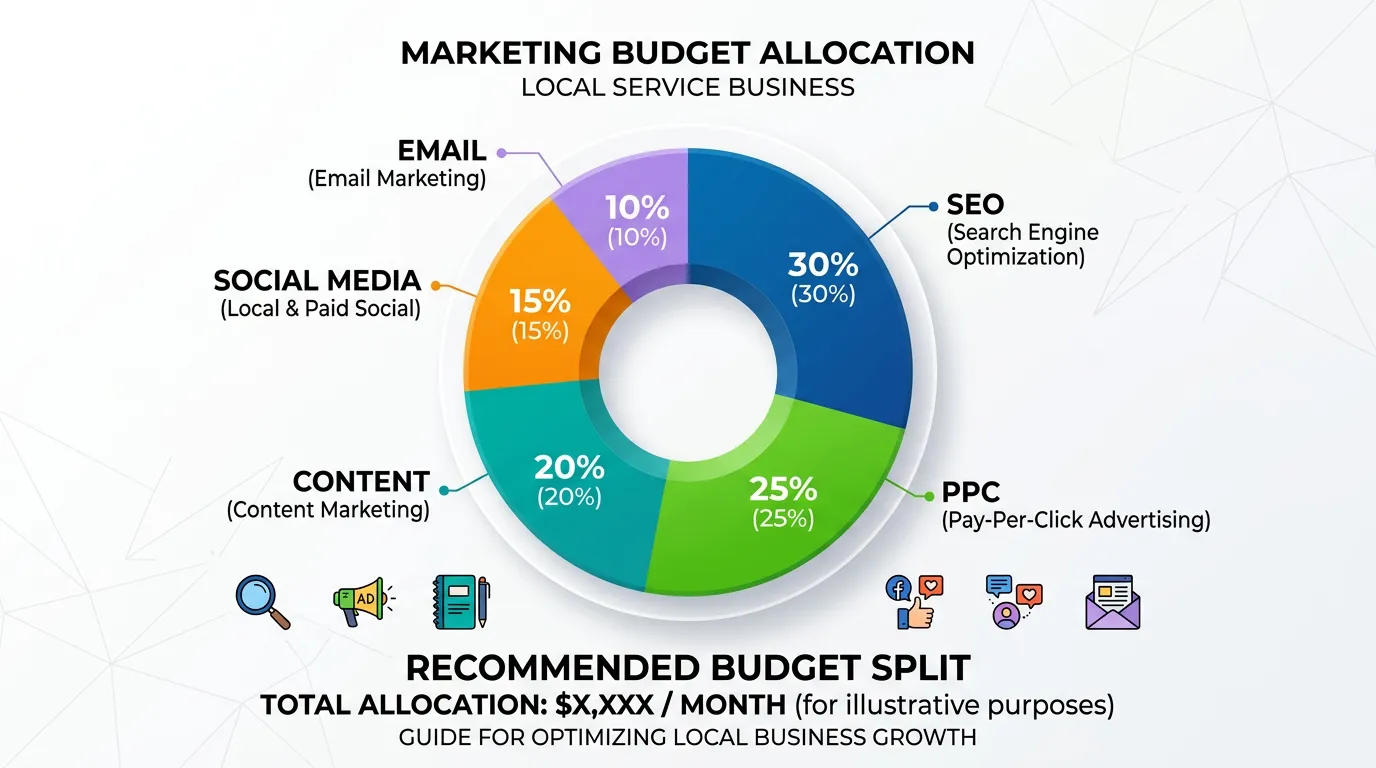Marketing budget allocation pie chart showing recommended split between SEO PPC content social and email for local service business