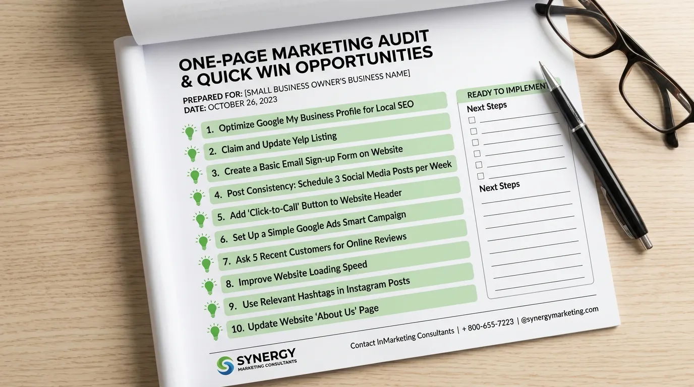 Marketing audit report showing 10 quick win opportunities highlighted for a local business owner to implement immediately