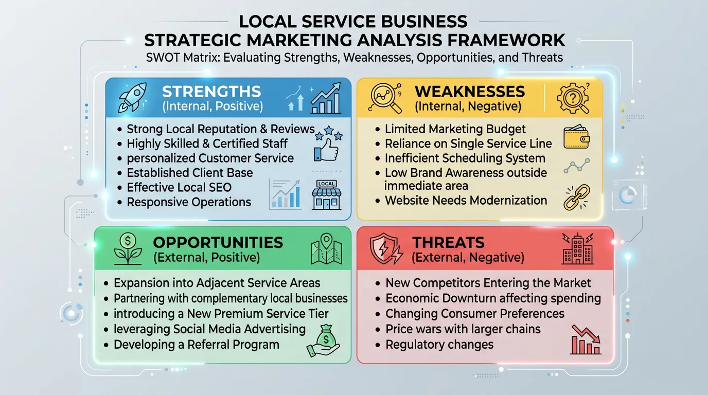 Strategic SWOT analysis matrix showing opportunities threats strengths and weaknesses for a local service business