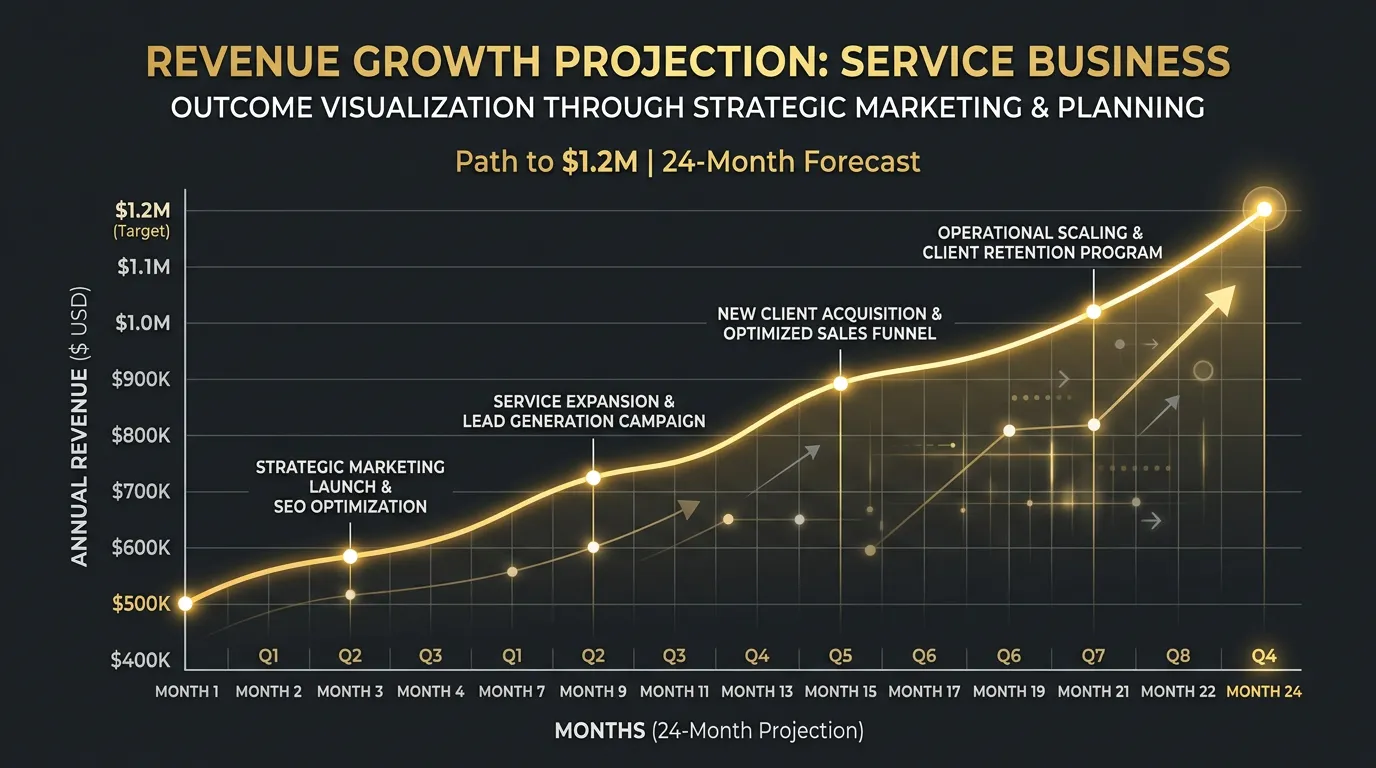 Revenue growth projection chart showing service business scaling from 500K to 1.2M in annual revenue through strategic marketing