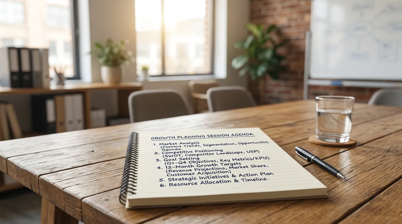 Growth planning session agenda notepad showing market analysis competitive positioning goal setting and 12-month growth targets