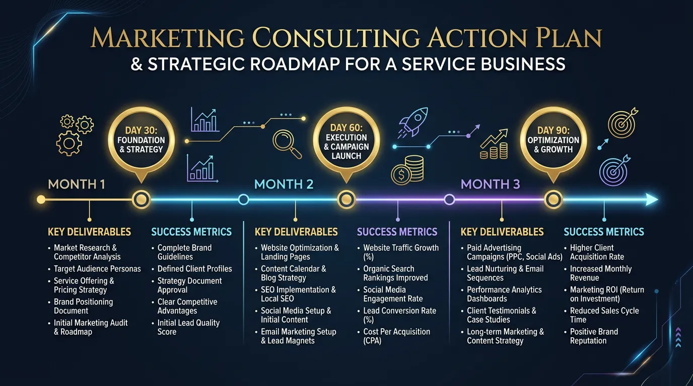 Marketing consulting 30-60-90 day action plan timeline with key deliverables and success metrics at each milestone stage