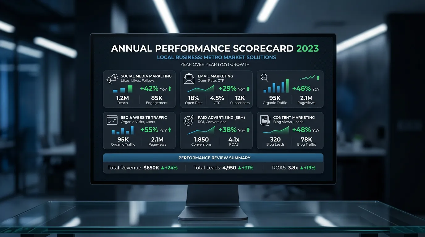 Annual performance scorecard showing year over year improvements across all marketing channels with green percentage growth indicators