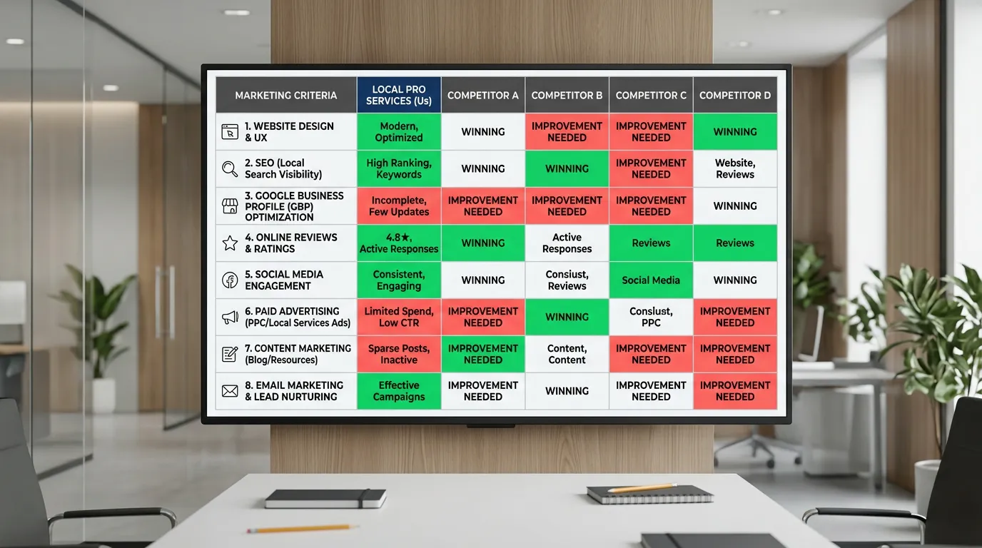 Competitive analysis matrix comparing local service business against 4 competitors across 8 marketing criteria with win and gap cells