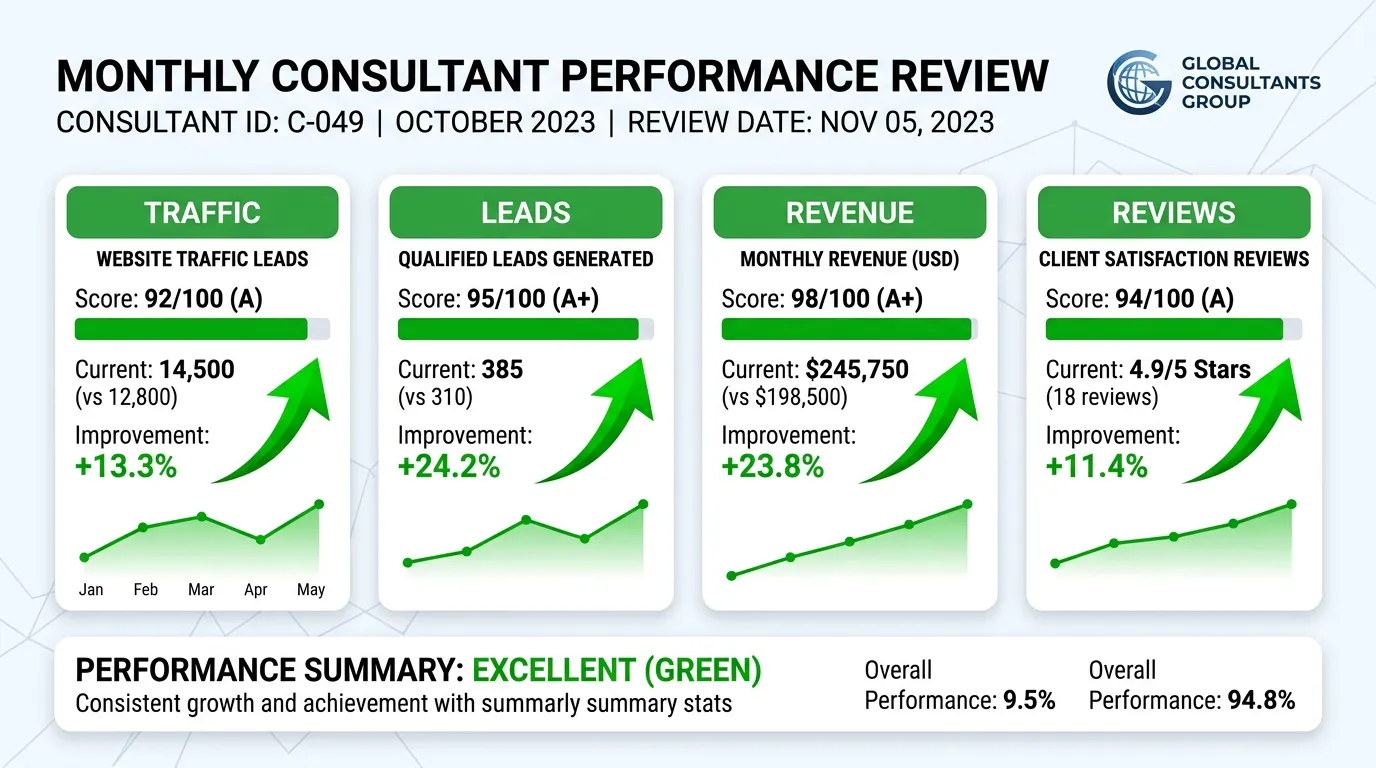 Performance review monthly report card showing green improvement scores for traffic leads revenue and reviews with trend arrows