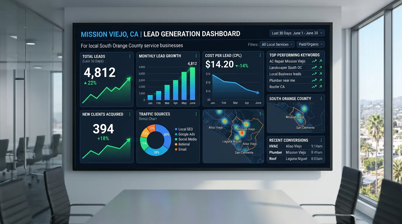 Mission Viejo CA business lead generation dashboard showing digital marketing results for South Orange County