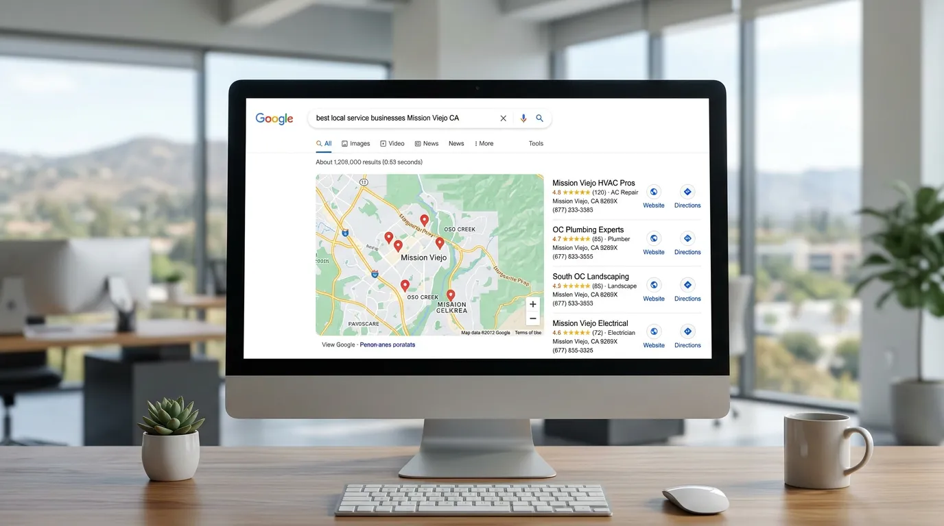 Mission Viejo CA local SEO showing Google search map pack for service businesses in Mission Viejo California