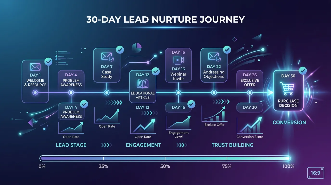 Lead nurture email sequence showing 30-day educational journey building trust toward purchase