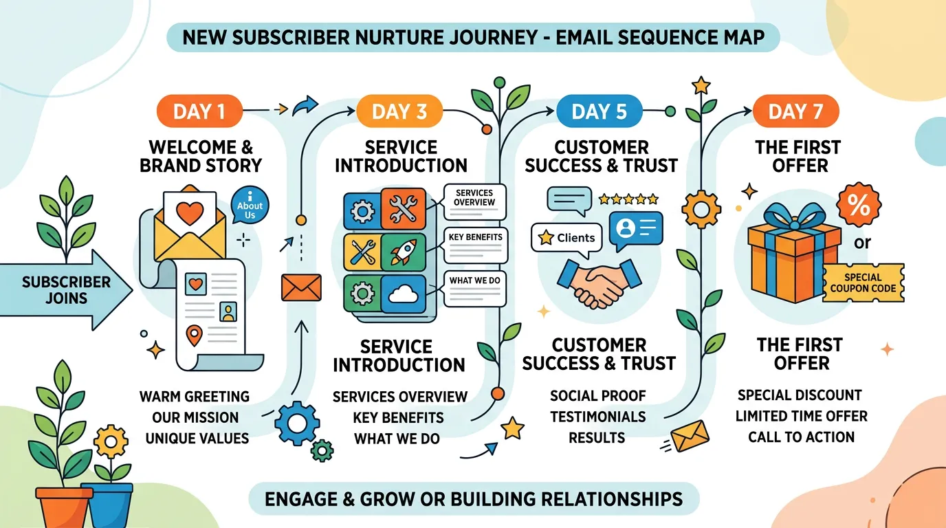 Welcome series email sequence for new subscribers showing brand onboarding journey