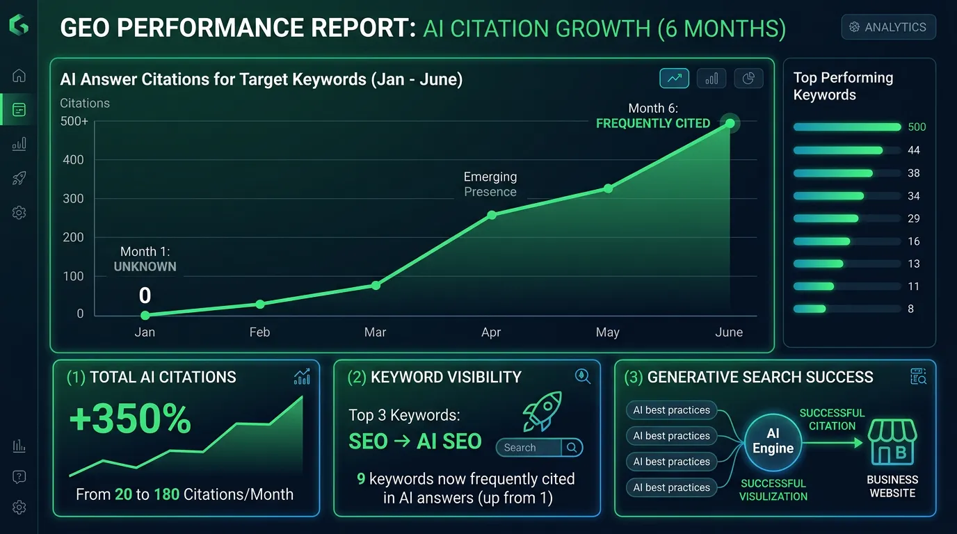 GEO performance report showing AI citation growth over 6 months from unknown to frequently cited