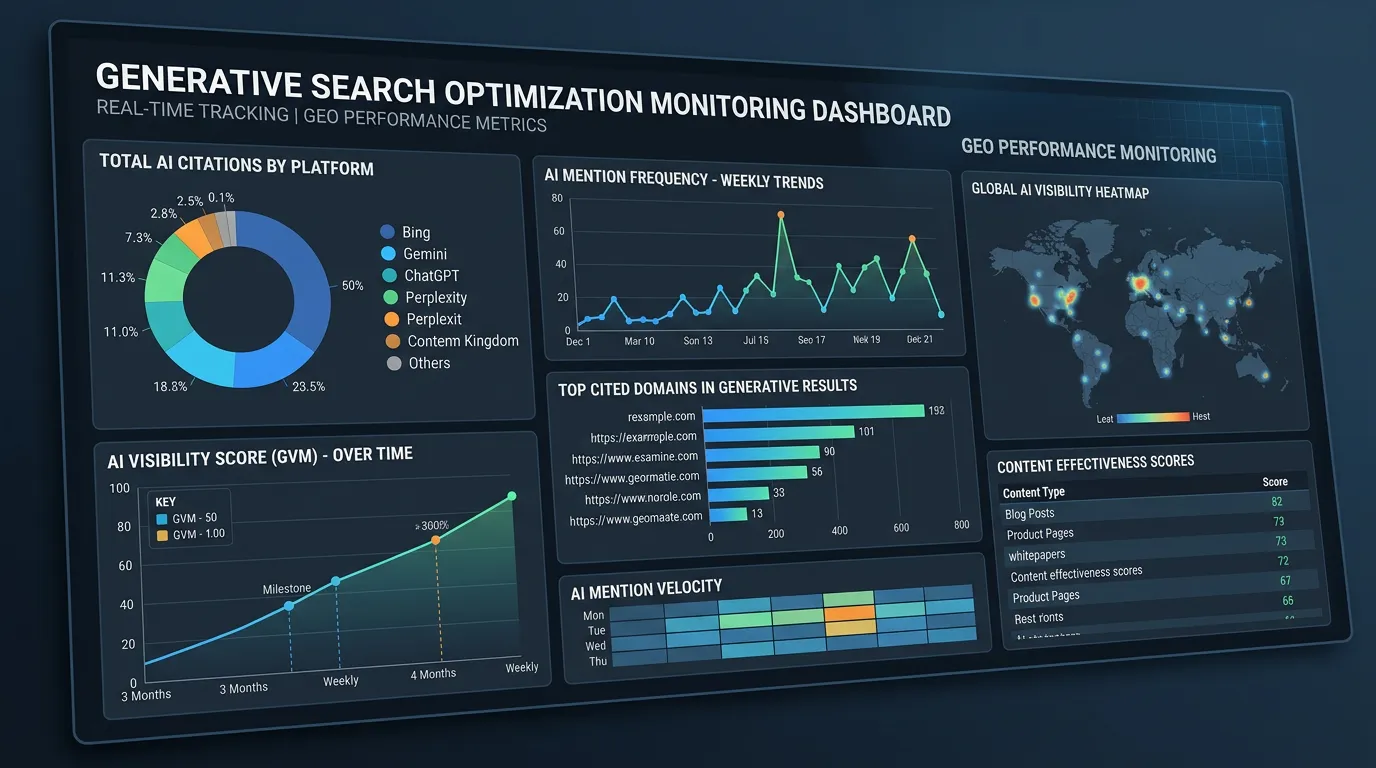 Ongoing GEO monitoring dashboard showing AI citation frequency and mention tracking over time